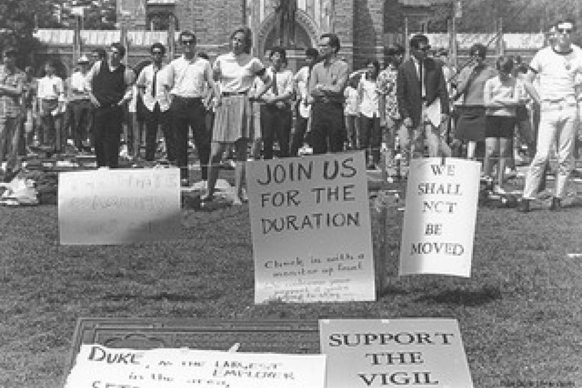 group of people at a vigil at Duke University after Martin Luther King's assassination