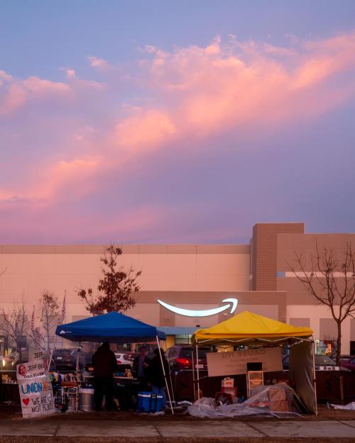 Two tents in union encampment outside Amazon distribution center