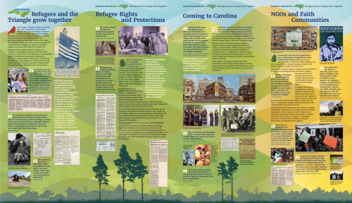 A design mockup of four vertical banners displaying photos and text about refugee resettlement